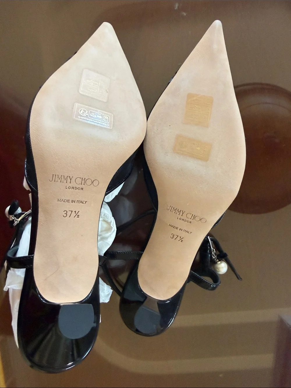 Jimmy Choo Black Pointed-Toe Ankle-Strap Pumps with Pearl Accent